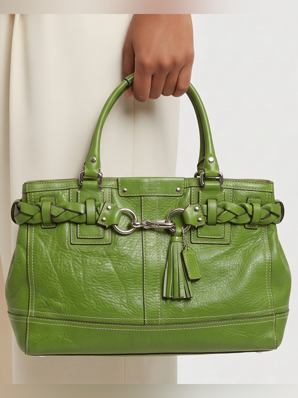 COACH Women Large 2008 pebbled cow leather  Braided Trim satchel bag #13087